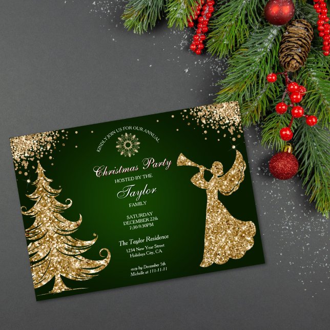 Elegant Classic Angel Christmas Dinner Party Inbjudningar (gold glitter trumpet angel Christmas party invitation with green background)