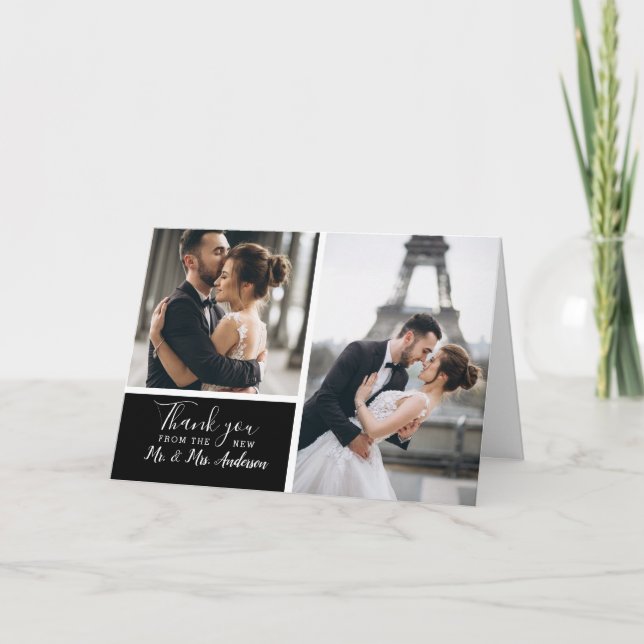 Elegant Classic Black 2 Photo Collage Bröllop Tack Kort (Framsida)