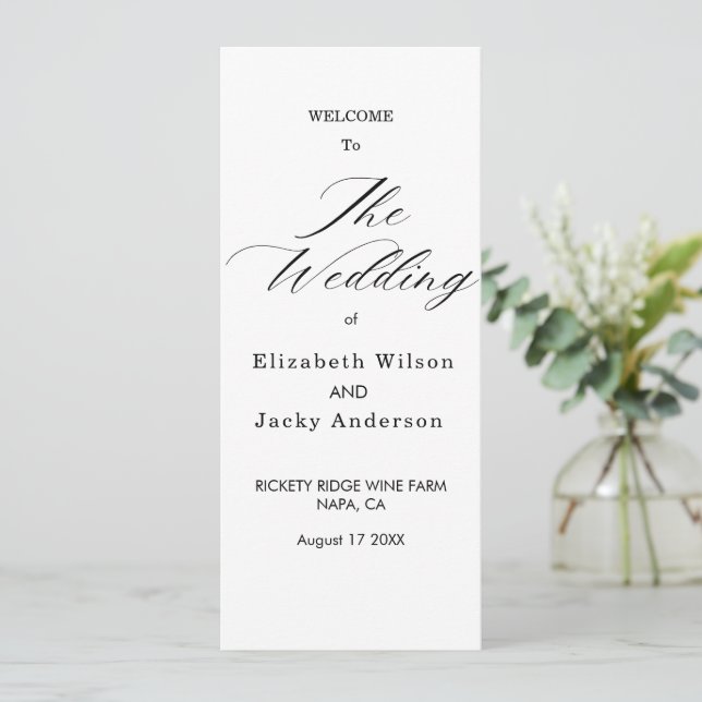 Elegant Classic Black and White Caligraphy Wedding Program (Stående Fram)