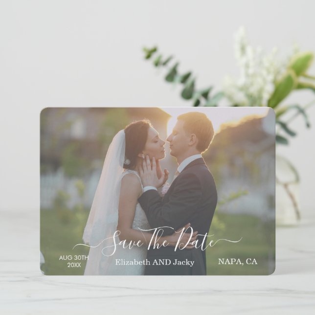 Elegant Classic Black and White Caligraphy Wedding Spara Datumet (Stående Fram)