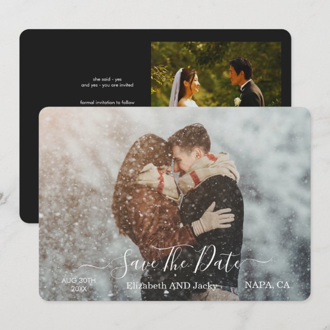 Elegant Classic Black and White Caligraphy Wedding Spara Datumet (Fram/baksida)