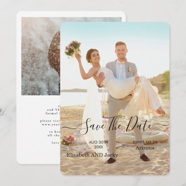 Elegant Classic Black and White Caligraphy Wedding Spara Datumet (Fram/baksida)