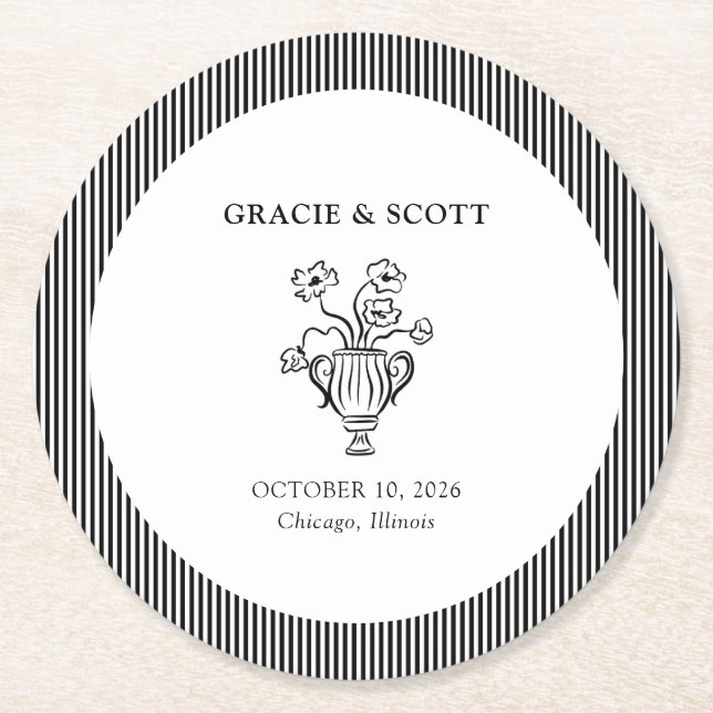 Elegant Classic Black and White Hand plockade Bröl Underlägg Papper Rund (Framsidan)