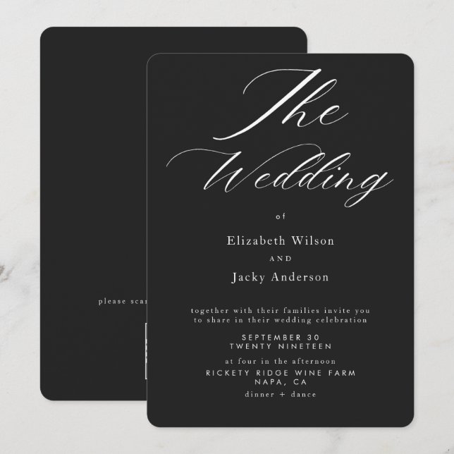 Elegant Classic Black and White QR code Wedding Inbjudningar (Fram/baksida)