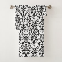 Elegant Classic Black Blommigt Damask on White