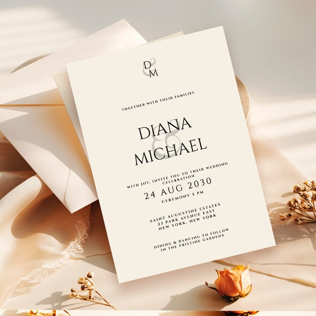 Elegant Classic Black & Ivory Monogram Wedding Inbjudningar (Skapare uppladdad)