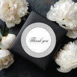 Elegant Classic Black Stripes Thank You Wedding Runt Klistermärke<br><div class="desc">Add a refined finishing touch to your wedding favors with this Elegant Classic Black Stripes thank you sticker. Featuring a timeless black-and-white striped background and “thank you” in graceful calligraphy script, this design brings sophistication to any black-tie or formal celebration. Perfect for sealing favor bags, gift boxes, or envelopes, this...</div>