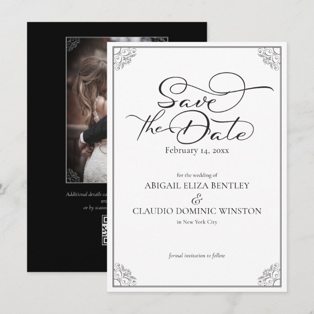 Elegant Classic Black & White Calligraphy Wedding Spara Datumet (Fram/baksida)
