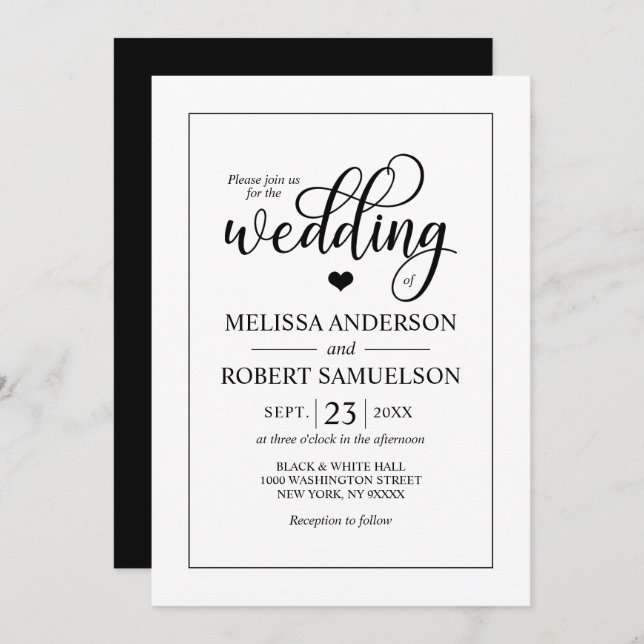 Elegant Classic Black White Heart-skript Bröllop Inbjudningar (Fram/baksida)