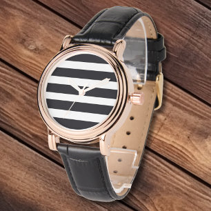 Elegant Classic Black White Rand Leather & Guld Armbandsur
