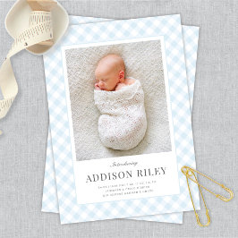 Elegant Classic Blue Gingham Pojke Birth Meddelande