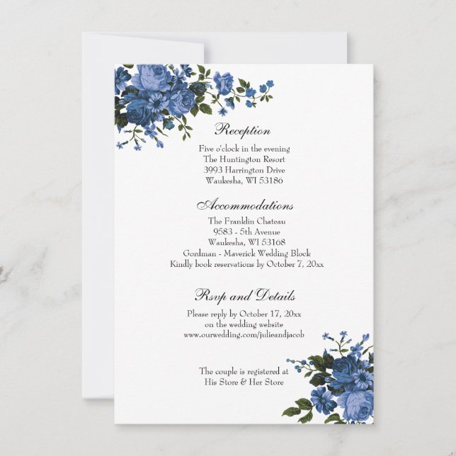 Elegant Classic Blue Ro Wedding Reception Inbjudningar (Framsida)