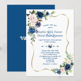 Elegant Classic Blue Rosa Flowers Guld Bröllop Inbjudningar