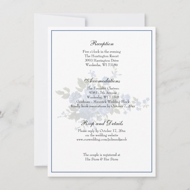 Elegant Classic Blue Rosor Wedding Reception Inbjudningar (Framsida)