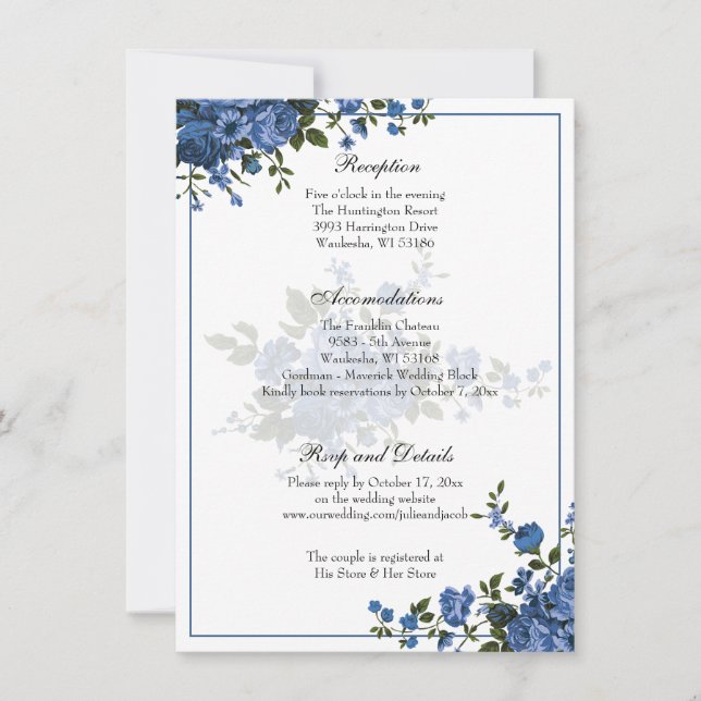 Elegant Classic Blue Rosor Wedding Reception Inbjudningar (Framsida)