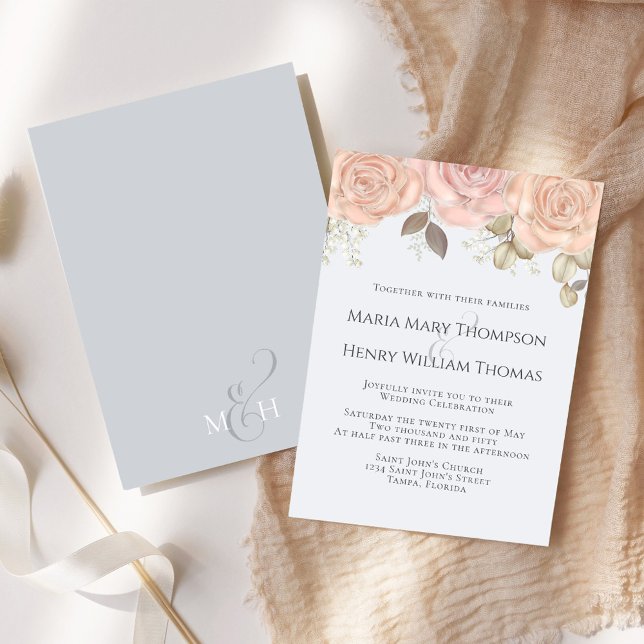 Elegant Classic Boho Blommigt Ro Light Blue Inbjudningar (Elegant blush and light blue rose gold floral wedding invitation)