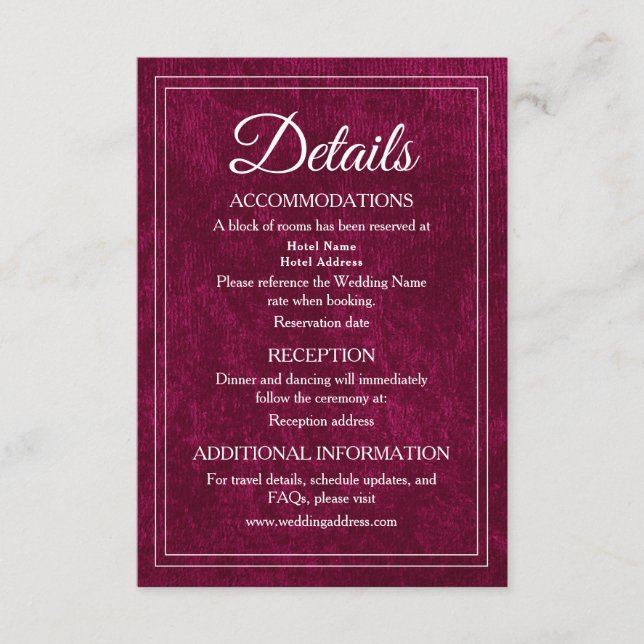 Elegant Classic Burgundy Berry Wedding Details Tilläggskort (Framsida)