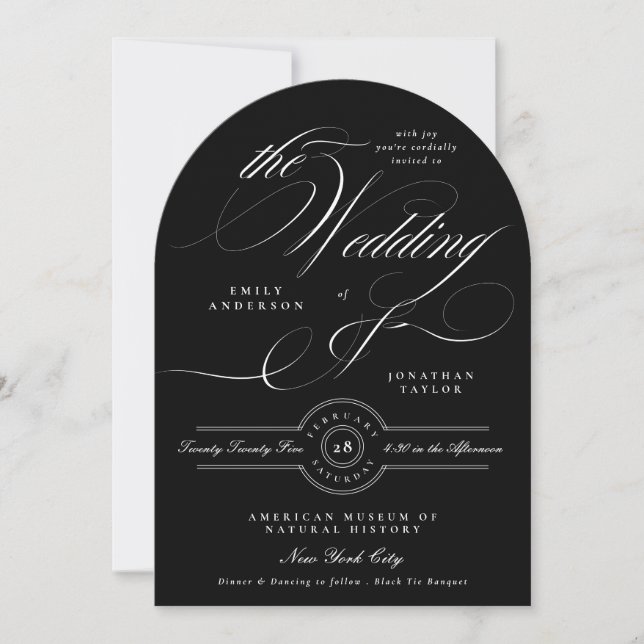 Elegant Classic Calligraphy Black Tie Bröllop Arch Inbjudningar (Framsida)