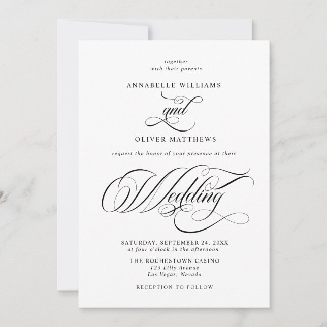 Elegant Classic Calligraphy Black & White Bröllop Inbjudningar (Framsida)