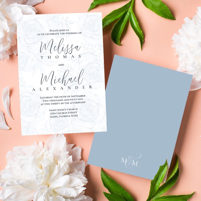 Elegant Classic Calligraphy Blommigt Dusty Blue Inbjudningar (Elegant wedding invitations with blush floral pattern and taupe back.)