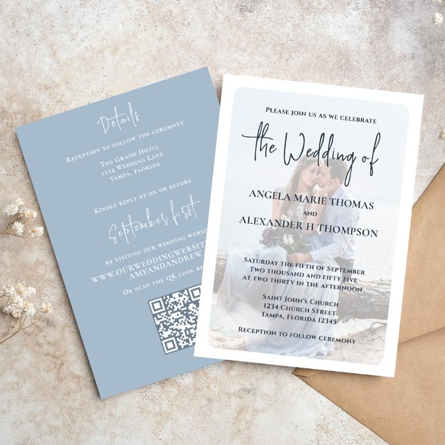 Elegant Classic Calligraphy OSA Simple Photo Inbjudningar (Elegant Photo overlay wedding invitation with QR code RSVP)