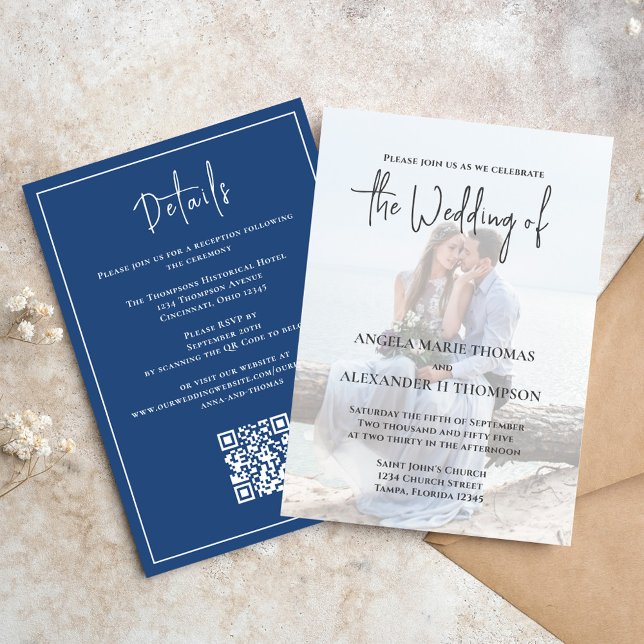 Elegant Classic Calligraphy Photo OSA Photo Inbjudningar (Elegant photo wedding invitation with QR code RSVP and details. )