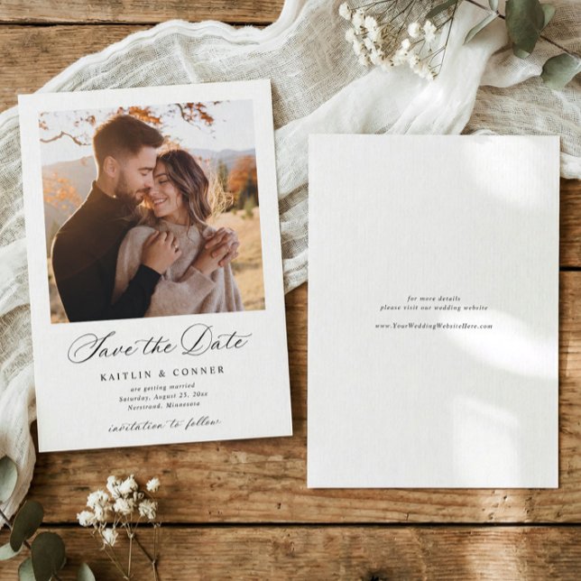 Elegant Classic Calligraphy Photo Wedding Spara Datumet (Formal wedding save the date with photo and refined black and white typography)