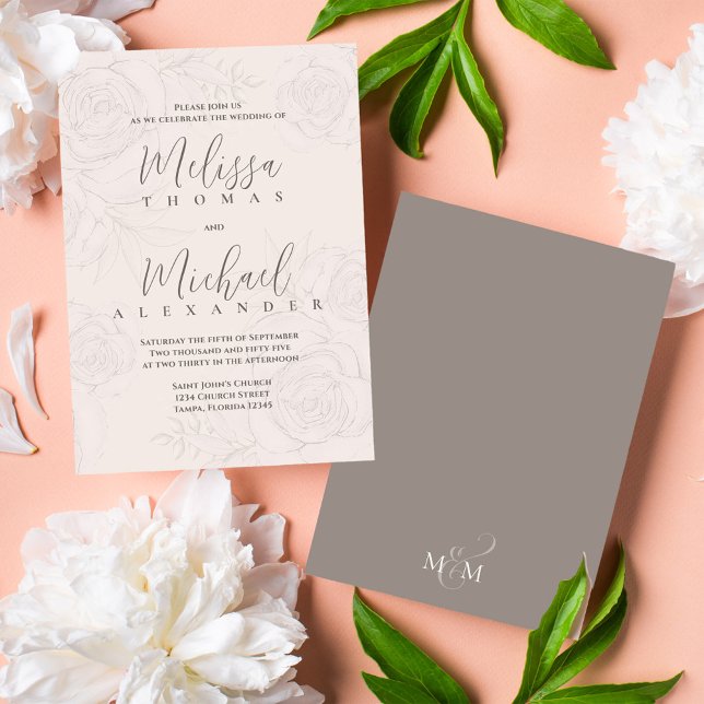 Elegant Classic Calligraphy Simple  Blommigt Inbjudningar (Elegant wedding invitations with blush floral pattern and taupe back.)