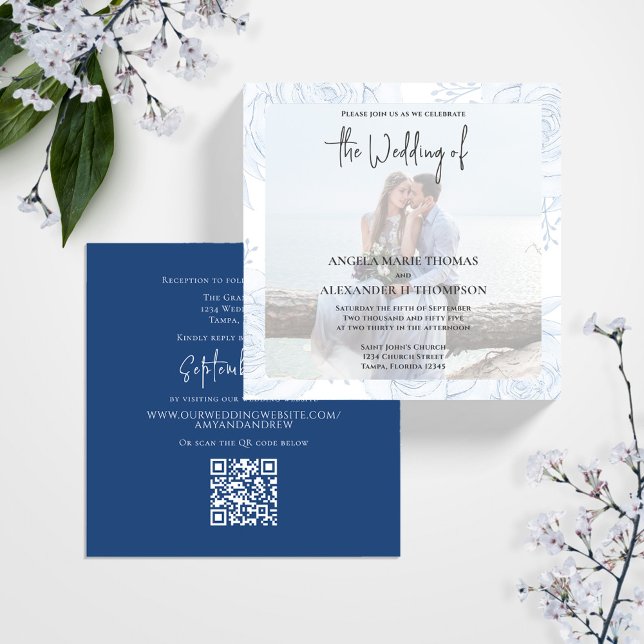 Elegant Classic Calligraphy Simple Blue OSA Photo Inbjudningar (Simple elegant Photo wedding invitation with a QR code for rsvp, template. )