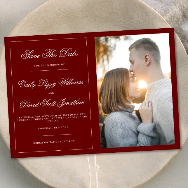 Elegant Classic Crimson Red Photo Save Date Inbjudningar (Skapare uppladdad)