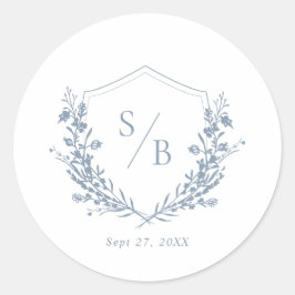 Elegant Classic Dusty Blue Monogram Vapensköld Brö Runt Klistermärke