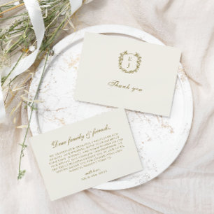 Elegant Classic Golden Vapensköld Monogram Bröllop Tack Kort