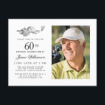 Elegant Classic Golf 60:e Födelsedagsfestens foto Inbjudan Vykort<br><div class="desc">Elegantens svartvitt födelsedag för en golfer. Inbjudan är skriven med golftillbehör - en golfklubb, golf boll, hatt och handskar. Vattenfärgsdesignen skapar en traditionell och klassisk estetik. Perfekt för en födelsedagskalas vid klubben eller en bakgård BBQ. All text är lätt att redigera. Skapa inbjudan till perfekt på födelsedagen, med det koordinerande...</div>