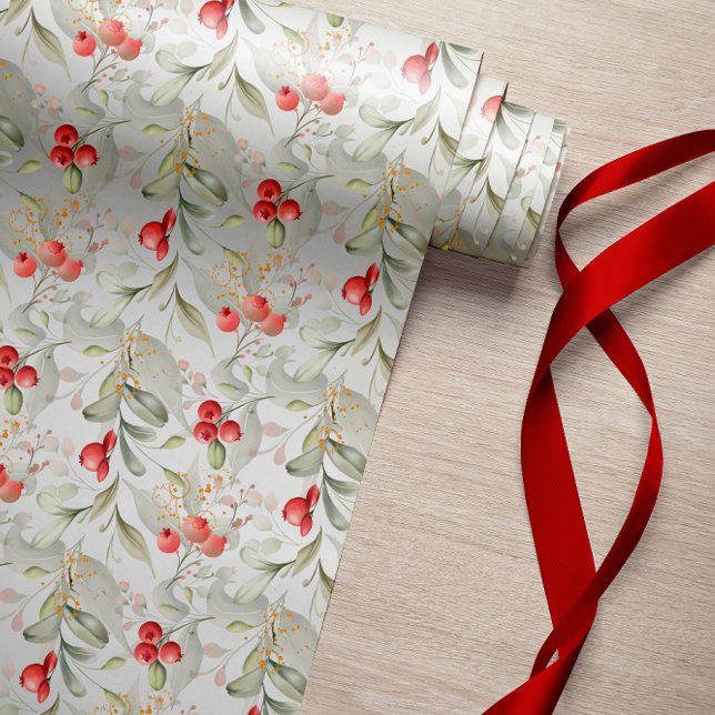 Elegant Classic Grey och Berries jul Presentpapper (White Elegant Botanical Christmas Wrapping Paper with foliage and berries. PERFECT FOR ANY STILE)