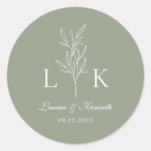 Elegant Classic Löv Monogram Bröllop Sage Grönt Runt Klistermärke