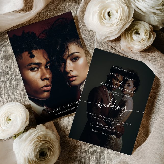 Elegant Classic Minimalist Script Wedding 2 Photo Inbjudningar (Elegant Classic Minimalist Script Wedding 2 Photo Invitation)
