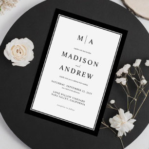 Elegant Classic Monogram Black and White Bröllop Inbjudningar