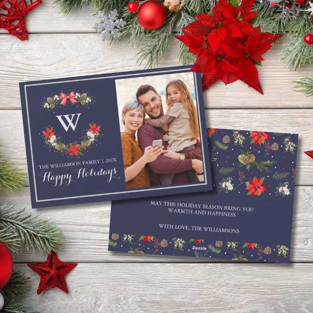 Elegant Classic Monogram Blommigt Lycklig Helgdag Julkort (Skapare uppladdad)