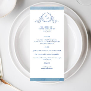 Elegant Classic Monogram Blue Watercolor, Bröllop Meny