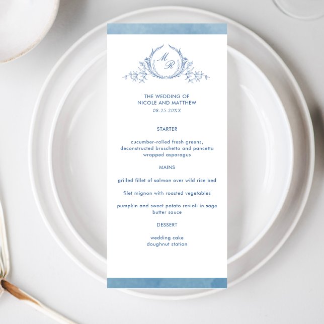 Elegant Classic Monogram Blue Watercolor, Bröllop Meny (Skapare uppladdad)