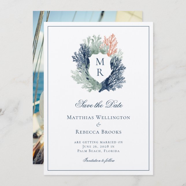 Elegant Classic Nautical Vapensköld Marine Bröllop Spara Datumet (Fram/baksida)