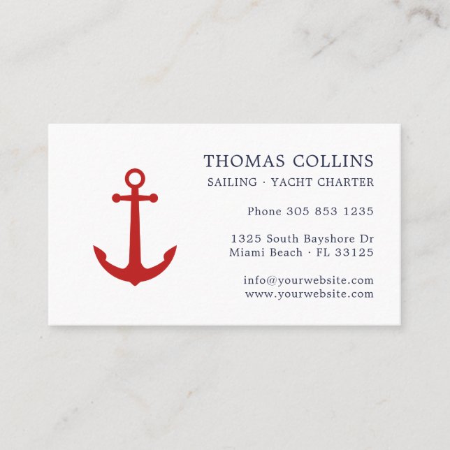 Elegant Classic Navy Blue & Red Nautical Anchor Visitkort (Framsida)