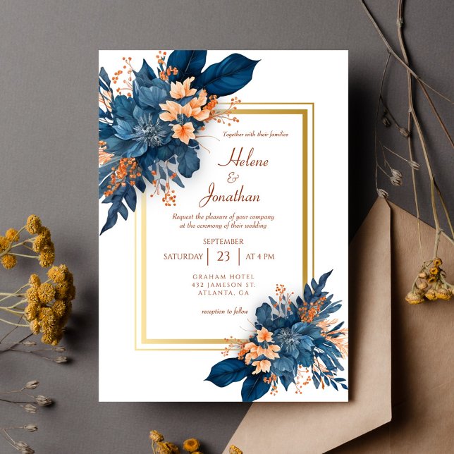 Elegant Classic Navy Blue Terracotta Bröllop Inbjudningar (Elegant Classic Navy Blue Terracotta Wedding Invitation)