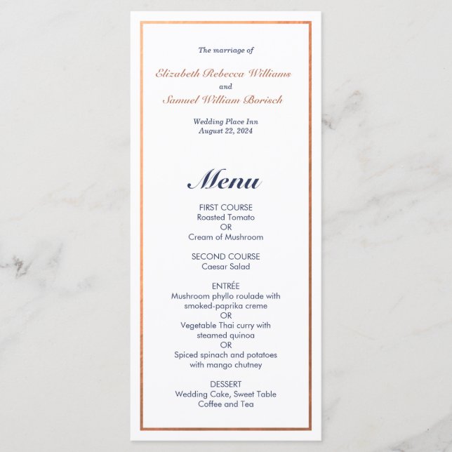 Elegant Classic Navy Faux Copper Bröllop Menu Meny (Framsida)