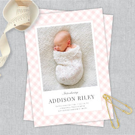 Elegant Classic Rosa Gingham Baby Birth Meddelande