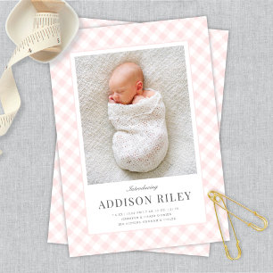Elegant Classic Rosa Gingham Baby Birth Meddelande