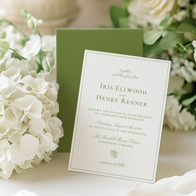 Elegant Classic Sage & Beige Stripe Bröllop Inbjudningar (Elegant Classic Sage & Beige Striped Wedding Invitation)