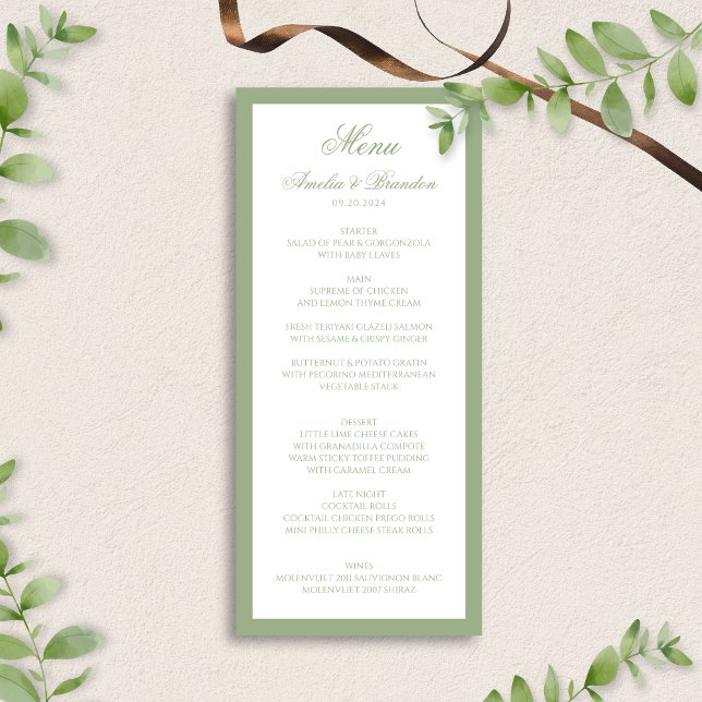 Elegant Classic Sage Green Border Script Wedding Meny (Skapare uppladdad)
