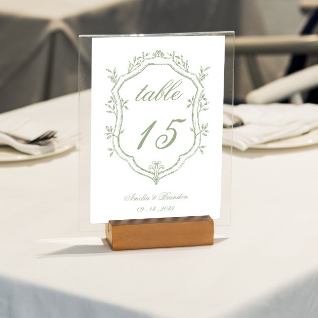Elegant Classic Sage Green Floral Crest Wedding Bordsnummer (Skapare uppladdad)