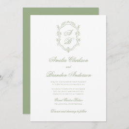 Elegant Classic Sage Green Monogram Crest Wedding Inbjudningar